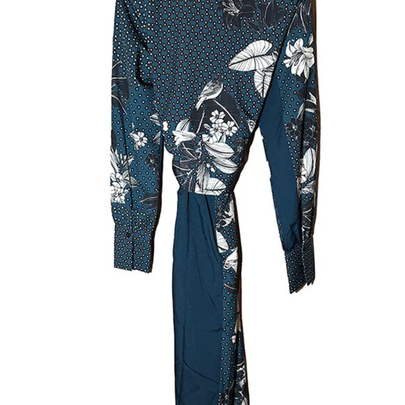 Zara Teal Blue Floral Dotted Patchwork Printed Satin Belted Kimono Robe Size S/M - Picture 2 of 9